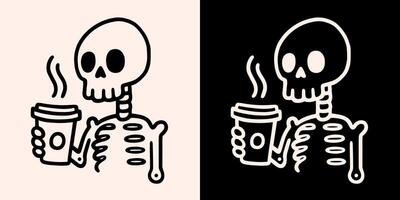 Skeleton drinking coffee holding takeaway cup caffeine lover sketch hand drawn drawing illustration black ink line art outline dark academia aesthetic funny humor caffeinated tired exhausted student vector