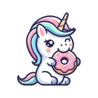 carino unicorno mangiare ciambella icona personaggio cartone animato png