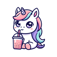 cute unicorn drinking boba icon character cartoon png