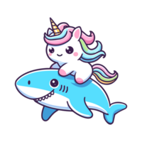 cute unicorn riding shark icon character cartoon png