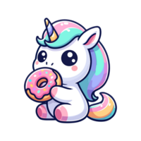 mignonne Licorne en mangeant Donut icône personnage dessin animé png