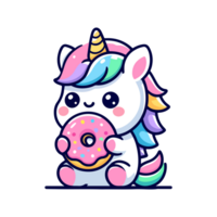 carino unicorno mangiare ciambella icona personaggio cartone animato png