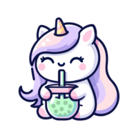 cute unicorn drinking boba icon character cartoon png