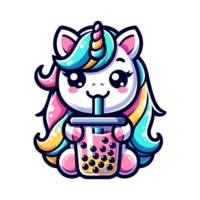 cute unicorn drinking boba icon character png