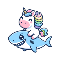 cute unicorn riding a shark icon character cartoon png