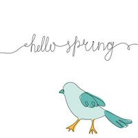 One line drawing typography quote Hello Spring and bird. Phrase on minimalist black linear sketch isolated on white background. illustration vector