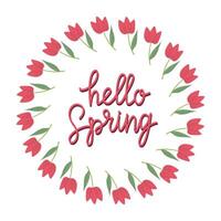 Hand drawn lettering Hello spring card with decorative floral frame, illustration for greeting card, invitation template. Retro, vintage lettering banner, poster, background. vector