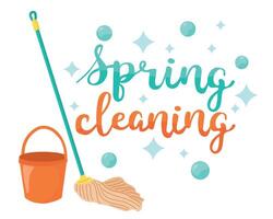 Bucket and mop, spring cleaning concept. Cleaning instrument kit illustrations. Flat illustration Isolated on white background. vector