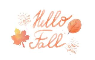Hand written brush trendy quote Hello Fall. Autumn lettering with doddle hand drawn leaves and brush stroke. Poster, flyer, brochure, web, advertising vector