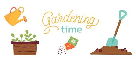 Gardening time set of illustration. Watering can, plants, vegetables, shovel. Spring gardening concept. illustrations on white background for poster, icon, card, logo, label vector