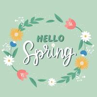 Hello Spring hand sketched card, illustration. Lettering spring season with leaves and flowers for greeting card, invitation template. Retro, vintage lettering banner, poster, background. vector