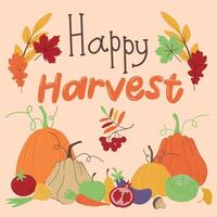 Happy Harvest. Set of Autumn Leaves, Vegetables and Fruits. Banner with inscription, background with leaves and harvest. Flat style drawings. Color illustration. vector
