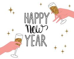 contento nuevo año tarjeta. vaso con champán en manos. contento nuevo año fiesta con amigos. champán, plano ilustración. éxito celebracion. vector