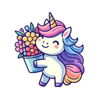 cute unicorn holding flower icon character cartoon png