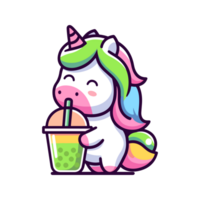 mignonne Licorne en buvant boba icône personnage dessin animé png