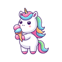 carino unicorno mangiare ghiaccio crema icona personaggio cartone animato png