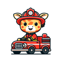 cute giraffe riding a fire engine icon character cartoon png