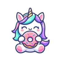 carino unicorno mangiare ciambella icona personaggio cartone animato png