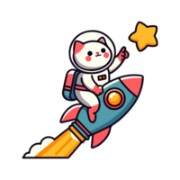 mignonne chat astronaute balade fusée et atteindre étoile icône personnage png