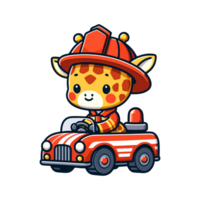 cute giraffe riding a fire engine icon character cartoon png