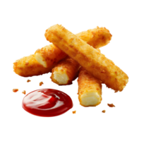 3d tolkning av en friterad ost pinnar med sås och ketchup transparent bakgrund png