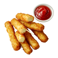 3d le rendu de une frit fromage des bâtons avec sauce et ketchup transparent Contexte png