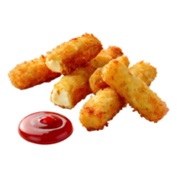 3d Renderização do uma frito queijo Gravetos com molho e ketchup transparente fundo png