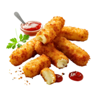 3d Renderização do uma frito queijo Gravetos com molho e ketchup transparente fundo png