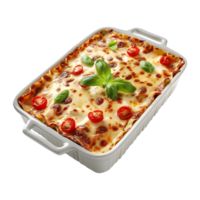 3d renderen van een lasagne in bakken schotel transparant achtergrond png