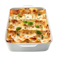 3d renderen van een lasagne in bakken schotel transparant achtergrond png