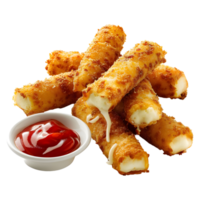 3d le rendu de une frit fromage des bâtons avec sauce et ketchup transparent Contexte png