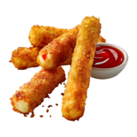 3d interpretazione di un' fritte formaggio bastoni con salsa e ketchup trasparente sfondo png