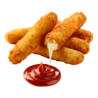 3d Renderização do uma frito queijo Gravetos com molho e ketchup transparente fundo png