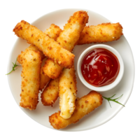 3d le rendu de une frit fromage des bâtons avec sauce et ketchup transparent Contexte png