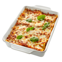 3d tolkning av en lasagne i bakning maträtt transparent bakgrund png