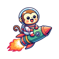 cartoon cute monkey astronaut riding a rocket icon character png