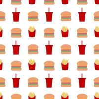 Junk food seamless pattern. French fries, hamburger and Soda sweet drink. Fast food background. Simple doodle, hand drawn wallpaper. Flat illustration. vector