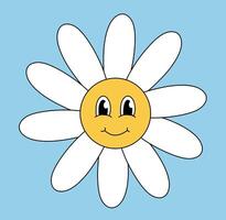 Retro 70s 60s 80s Hippie Groovy cute Daisy Flower. Smiling face. Chamomile Flower power element. illustration isolated on blue background. vector