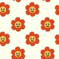 Retro Seamless Pattern 70s 60s 80s Hippie Groovy cute Red Flower. Smiling face. Flower power. flat illustration. vector