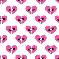 Seamless Pattern with pink hearts. Y2k. Broken heart with patch. flat illustration. vector