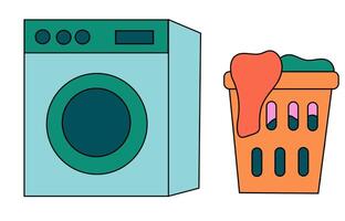 Cleaning Set Elements. Collection of cleaning tools. Washing machine. Laundry basket with clothes. Flat illustration. vector