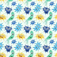 Seamless Pattern with Cute cartoon characters virus, bacteria, microbe. Microbiology organisms funny face wallpaper. Mascot expressing emotion background. children illustration in flat design. vector