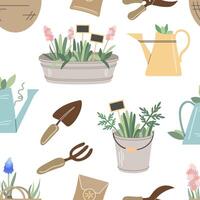 Garden tools and accessories. Gardening flat seamless pattern. Bucket, tin pot, plants, shovel, pitchfork, watering can, wooden signs. Illustrations. vector