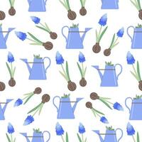 Green garden plants inside the watering can and lavender flower. Flat seamless pattern. Cute drawing. vector