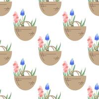 Hyacinth and lavender flowers in canvas bag. Flat seamless pattern. Illustration of garden elements. vector
