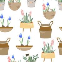Garden accessories. Gardening flat seamless pattern. Pink hyacinth, lavender, plants, flower pot, rattan or canvas planter, canvas bag. vector