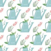 Green garden plants inside the watering can and pink hyacinth flower. Flat seamless pattern. Cute drawing. vector