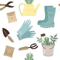 Garden tools and accessories. Gardening flat seamless pattern. Watering can, bucket, boots, gloves, plants, shovel, pitchfork, garden shears. vector