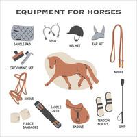 Equipment for horses infographic educational card. Horse Riding Tack and Gear Icons in Trendy Modern Style. Equine Sports Hand Drawn Illustrations. Equestrian Square Poster. Equine sports tack. vector