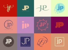 JP logo company template. Letter j and p logotype. Set different classic serif lettering and modern bold text with design elements. Initial font typography. vector